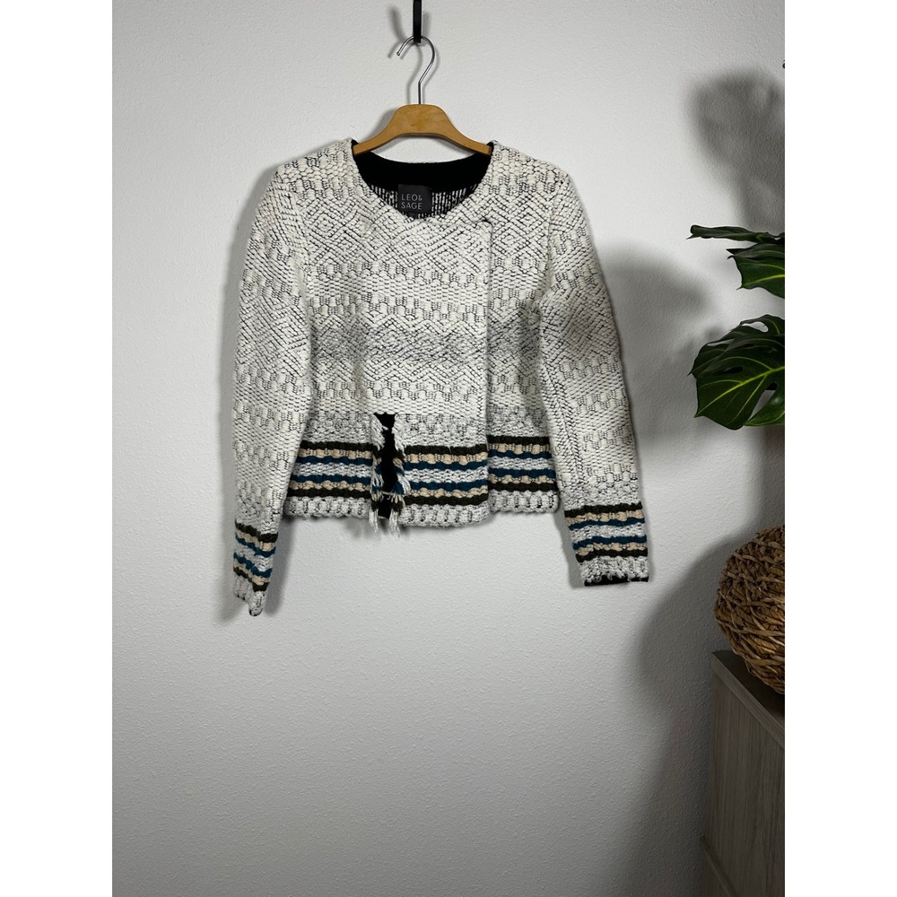 LEO AND SAGE Textured Geometric Knit Moto Cardigan‎ Jacket Ivory Black Teal Sz M